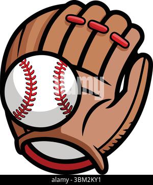 Cartoon Baseball Glove Catching Ball: Divertente, sportiva, illustrazione in stile retrò Illustrazione Vettoriale