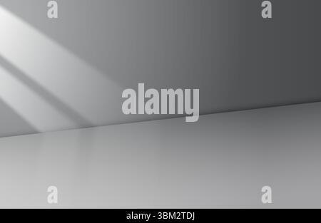 Luce solare e raggi sulla parete grigia della stanza, interni minimalisti per la presentazione del tuo prodotto. Illustrazione vettoriale. Illustrazione Vettoriale