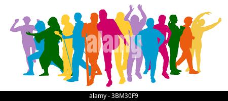 Sagome colorate di anziani che si allenano e si esercitano come concetto per uno stile di vita attivo in età avanzata. Foto Stock