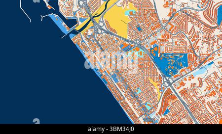 Colorata mappa artistica Oceanside con etichette ed edifici con molti dettagli per strade urbane, sentieri e strade. Foto Stock