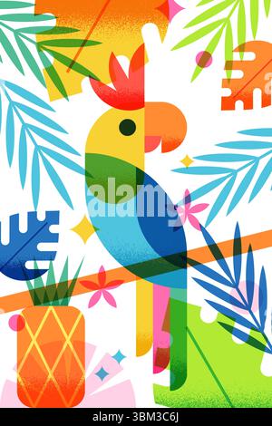 Illustrazione geometrica vettoriale colorata di spiaggia estiva, cacatua pappagallo, ananas, foglie di palma tropicale. Elementi di design alla moda per graphi Illustrazione Vettoriale