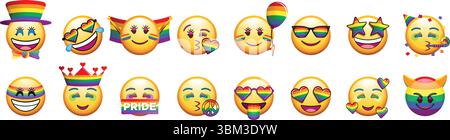 Emoji gialle rotonde a tema LGBT con diverse espressioni facciali: Felice, cattivo, innamorato, festa, ridere, e il male Illustrazione Vettoriale