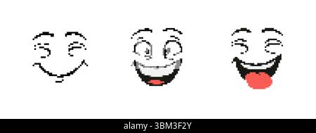 Volti di pixel art a mosaico che mostrano sorrisi espressivi e risate con la lingua giocosa che si avvicina Illustrazione Vettoriale