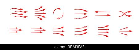 Frecce rosse che mostrano diverse direzioni del flusso e stili di movimento in varie forme dinamiche Illustrazione Vettoriale