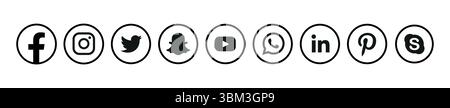 Instagram; facebook; twitter; youtube; snapchat; pinterest; whatsap; linkedin; telegramma; vimeo - raccolta di logo di social media popolari. Illustrazione Vettoriale