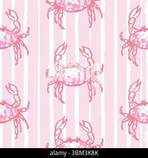Motivo semplice granchio senza cuciture con strisce rosa e sfondo rosso Illustrazione Vettoriale