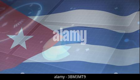 Visualizzazione degli elementi della bandiera cubana in movimento attraverso la griglia virtuale, con simboli più e diagramma circolare Foto Stock