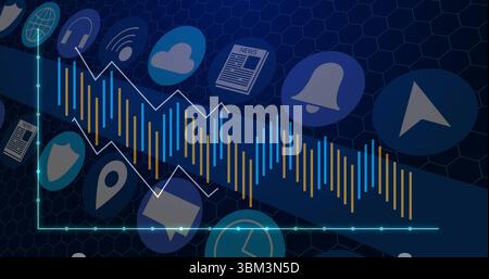 Visualizzazione di un grafico a barre diagonale su un dashboard virtuale, con linee di tendenza e icone di servizio Foto Stock