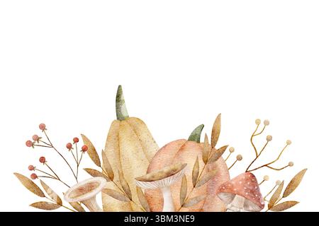 Acquerello zucche autunnali foglie funghi frutti di bosco. Cornice disegnata a mano in giallo arancione in stile retrò. Composizione degli inviti Foto Stock