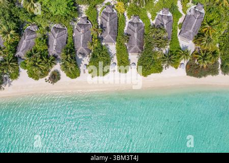 Splendida spiaggia delle Maldive con lussuose ville sull'acqua, palme, spiaggia di sabbia bianca e cielo tropicale, una destinazione perfetta per le vacanze estive Foto Stock