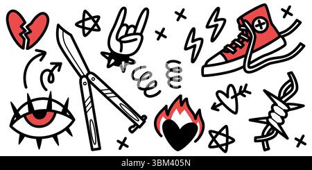 Icone e simboli del punk rock: Cuore spezzato e coltello, fulmini e sneaker, occhi e fiamme. Grafica ribelle disegnata a mano per tatuaggi, merch band alternativo. Elementi di Street art non elaborati. Illustrazione Vettoriale