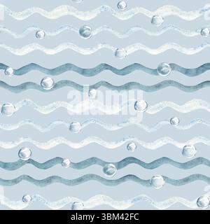 Onde marine motivo acquerello senza cuciture con bolle d'acqua su sfondo azzurro. Struttura marina semplice disegnata a mano per l'imballaggio di carta o tessuto Foto Stock