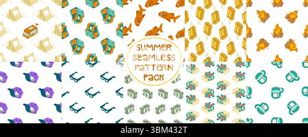 Set di 10 modelli di cartoni animati senza cuciture con articoli da campeggio ed estate tende, zaini, falò, bollitori, occhiali da sole, telecamere, tazze e cibo. Stile piatto Illustrazione Vettoriale