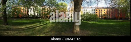 Gli alberi gettano ombre in un parco residenziale di Stoccolma delimitato da facciate colorate all'inizio della primavera. Foto Stock