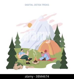 Concetto di turismo di montagna. Gli amici che campeggiano nella natura apprezzano la disintossicazione digitale davanti a un falò con una tenda e pini all'alba, circondati da paesaggi di montagna e rilassanti spazi aperti. Illustrazione vettoriale. Illustrazione Vettoriale