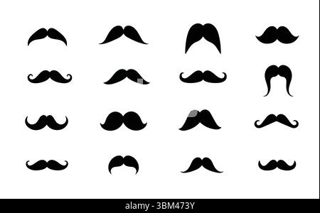 Un set vettoriale pulito e versatile di 16 stili di baffi unici, tra cui design retrò, hipster, manubrio e classici. Illustrazione Vettoriale