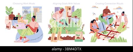 Domani lavoro fissato. Modalità di lavoro flessibili, allineamento degli obiettivi del team ai valori personali e creazione di rituali di gruppo. Scene di persone che collaborano, piantano e legano all'aperto. Illustrazione vettoriale. Illustrazione Vettoriale