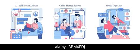 Serie di illustrazioni vettoriali che illustrano le moderne soluzioni per la sanità digitale. Include assistente allenatore di salute ai, sessione di terapia online e lezione virtuale di yoga. Le illustrazioni mostrano elementi coinvolgenti e interattivi dei servizi sanitari e di fitness remoti. Illustrazione Vettoriale