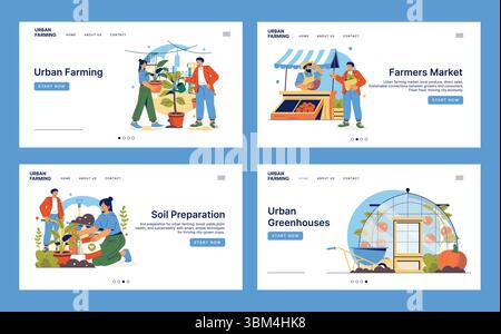 Set di illustrazioni vettoriali con attività agricole urbane e un mercato agricolo. Le scene includono la semina, la preparazione del suolo, la vendita sul mercato e l'allevamento in serra con personaggi coinvolgenti. Illustrazione Vettoriale