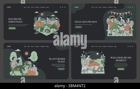 Serie di illustrazioni vettoriali che raffigurano varie scene di picnic con persone che amano la natura, il cibo e il relax. Include temi ecologici e benessere in un ambiente all'aperto sereno. Illustrazione Vettoriale