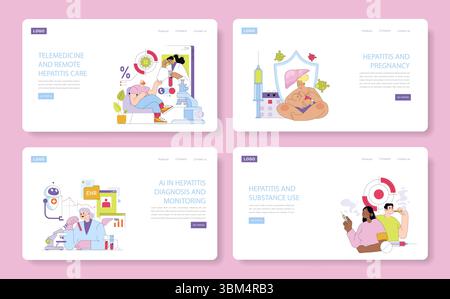 Illustrazione vettoriale che raffigura la telemedicina e la cura dell'epatite con particolare attenzione alla diagnosi remota, alla gravidanza, al monitoraggio dell'IA e all'uso di sostanze, evidenziando i progressi nel settore sanitario. Illustrazione Vettoriale