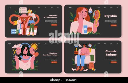 Serie di illustrazioni vettoriali che raffigurano i sintomi della premenopausa, tra cui sbalzi d'umore, pelle secca e affaticamento. Ogni illustrazione presenta diversi individui e icone che rappresentano problemi di salute. Illustrazione Vettoriale