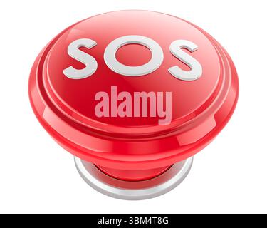 Pulsante rosso SOS, rendering 3D isolato su sfondo bianco Foto Stock
