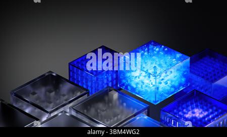 Concetto di blockchain. Blocchi cubo connessi alla criptovaluta. Background tecnologico della catena di intelligenza artificiale per i big data. Operazioni crittografiche per la trasmissione dei dati. illustrazione 3d. Foto Stock
