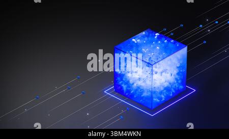 Concetto di blockchain. Blocchi cubo connessi alla criptovaluta. Background tecnologico della catena di intelligenza artificiale per i big data. Operazioni crittografiche per la trasmissione dei dati. illustrazione 3d. Foto Stock
