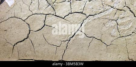 Sotto il sole spietato, la terra secca e incrinata mostra l'impatto della siccità, rivelando un terreno in pericolo e segni di erosione dovuta a clima Foto Stock
