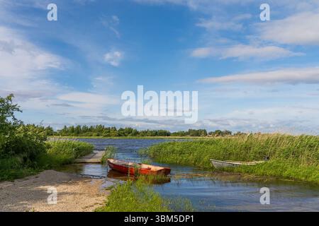 Barca rossa sulla riva estone del lago Peipus a Podmotsa, con giovani canne, cielo blu e una vista lontana della Russia dall'altra parte dell'acqua. Foto Stock