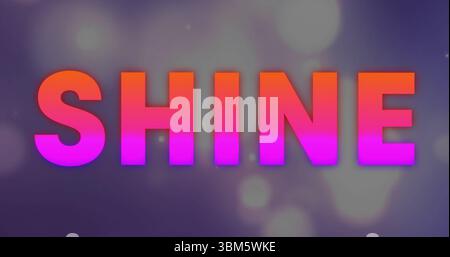 Visualizzazione di testo LUCIDO stilizzato che si illumina con effetto sfumato sul design viola, con cerchi bokeh. Tipografia, gradiente, bagliore, astratto, vibrante, cifra Foto Stock