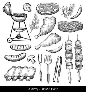 Grande serie di foglie autunnali, semi di alberi, ghiande e castagne. Illustrazione vettoriale monocromatica disegnata a mano. Illustrazione Vettoriale