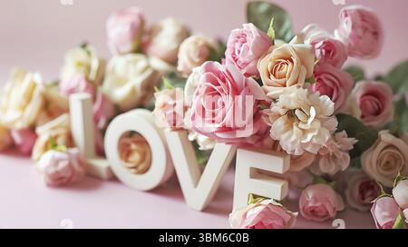 Word Love decorato con delicate rose su sfondo rosa. Concetto di San Valentino Foto Stock