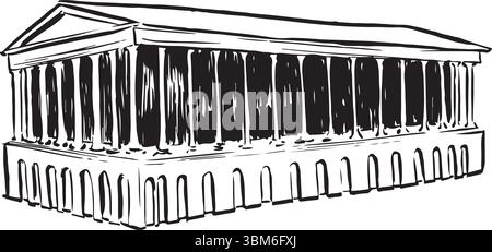 Birmingham Town Hall, Inghilterra, schizzo a inchiostro bianco e nero. Architettura neoclassica con colonne corinzie ed elegante simmetria. Storico culturale. Illustrazione Vettoriale