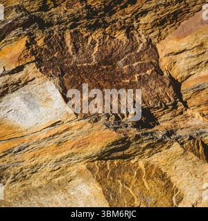 L'affioramento di rocce sedimentarie mostra strati in un design piatto, con vene minerali e fessure Foto Stock