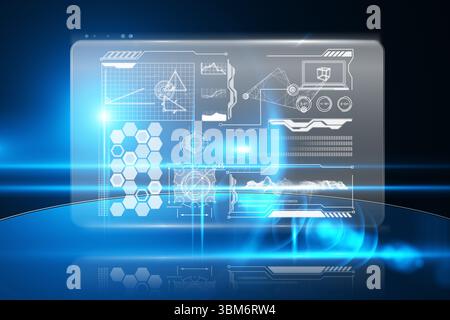 Il futuristico rendering 3D visualizza pannelli dati traslucidi mobili che mostrano grafici a barre e griglia esadecimali Foto Stock