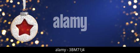 Palla di Natale fatta di biscotti Linzer appesi su sfondo rosa. Striscione natalizio minimal Foto Stock