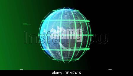 Globo terrestre 3D rotante che visualizza lo spazio dell'interfaccia virtuale, con griglia verde neon e testo del codice. Futuristico, tecnologico, digitale, olografico, interfac Foto Stock