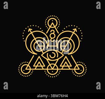 Simbolo di linea esoterica, tatuaggio mistico boho. Linea d'oro vettoriale tutti gli occhi, le frecce, i triangoli e gli elementi geometrici visibili. Segno mistico o spirituale per alchimia o rituali occulti, carte magiche e tarocchi Illustrazione Vettoriale