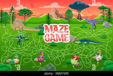 Gioco a quiz labirinto per bambini, aiuta le mamme dei dinosauri a trovare i loro figli nelle conchiglie delle uova. Foglio di lavoro vettoriale del puzzle game di dinosauri preistorici con labirinto di cartoni animati, madri e bambini di dinosauri Illustrazione Vettoriale