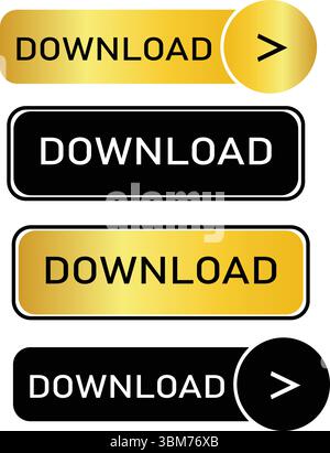 Set di icone del pulsante di download Collezione Web Elements dell'interfaccia utente dorata e nera Set di pulsanti moderni per il sito Web e l'interfaccia utente. Icona vettoriale. Illustrazione Vettoriale
