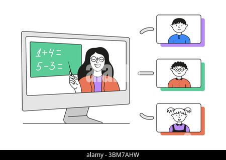 Illustrazione vettoriale di una lezione online con un insegnante su uno schermo di un computer che indica un Consiglio scolastico con esempi. Illustrazione Vettoriale