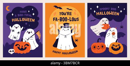 Buoni auguri di halloween. Divertenti zucche con volti scolpiti e fantasmi bianchi, feste per bambini, mostri carini, personaggi spaventosi, poster Illustrazione Vettoriale