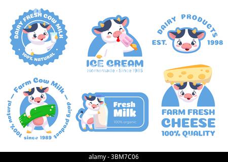 Carini emblemi di mucca. Etichette pubblicitarie, divertenti mascotte da fattoria, animali con latte, formaggio e gelato, prodotti caseari, modelli di adesivi da imballaggio, biologici Illustrazione Vettoriale