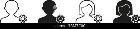 Set di icone Impostazioni profilo utente. Gestione utenti e Configurazione contorno e silhouette Symbol Collection. Personalizzazione e personalizzazione dell'account Illustrazione Vettoriale