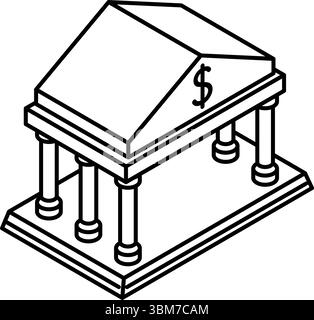 Simbolo della banca icona di disegno a linea semplice, illustrazione isometrica che rappresenta l'istituto finanziario, concetto di risparmio e finanziamento, bianco e nero, vettore Illustrazione Vettoriale