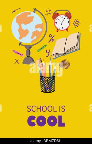 Poster con disegno a mano delle forniture scolastiche Illustrazione Vettoriale