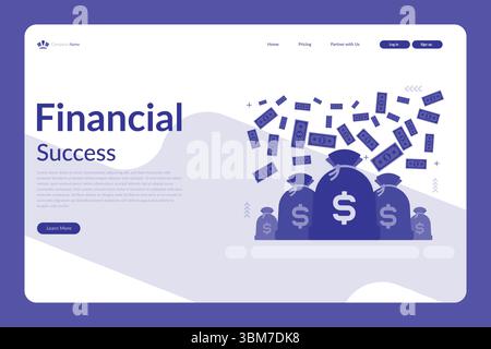 Illustrazione vettoriale di una pagina Web di successo finanziario con sacchetti di denaro, banconote in dollari e moderno layout viola e bianco Illustrazione Vettoriale