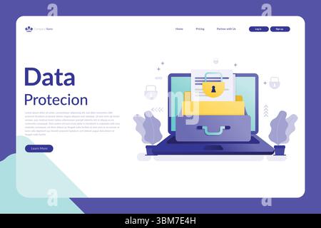 Immagine vettoriale di un'interfaccia Web per la protezione dei dati con laptop, simbolo di lucchetto, cassetto dei file e moderno layout blu-viola Illustrazione Vettoriale